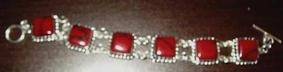 SILVER LADIES RED ONYX STONE TOGGLE BRACELET w/6 stones Mint New Approx 7 inches