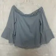 Calvin Klein Blouse Large Chambray Light Wash Off Shoulder Bell Sleeve Blue Jean