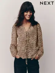 Leopard Tie Front Long Sleeve Blouse (E52881) | $33