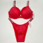 Victoria Secret 38DD XL SEXY TEE Push Up Bikini Top Bottom Set LOGO Shine Strap