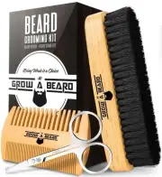Beard Brush For Men & Beard Comb Set w/Mustache Scissors Grooming Kit, Natura...