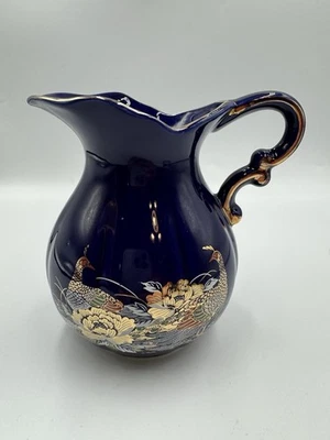 Vintage Porcelain Water Milk Pitcher, Cobalt Blue /Gold glided trim NEW