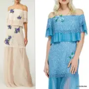 NWT TADASHI SHOJI Corded Lace/Plisse Fleur Applique Gown Dress /2-Blue /8-Ivory/