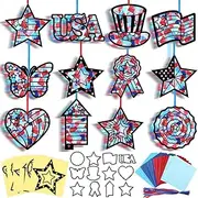 AmazingSpark 36 Set 4th of July Suncatcher Paper Crafts Kit DIY Independence Day Stained Glass Effect Tissue Paper Hanging Suncatchers Decor for Patriotic Veterans Day USA Art Party Supplies
