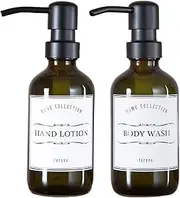 Prefdo 2 Pack 9 Oz/250ml Amber Glass Soap Dispenser with Metal Pump, Bathroom Lotion Bottles Set with 12PCS Waterproof Labels, for Hand Soap, Dish Soap, Shampoo and Conditioner (Amber)