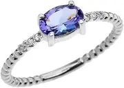 [Dainty and Elegant Gold Rings] 10k White Gold Dainty Diamond and Oval Tanzanite Beaded Stackable/Promise Ring