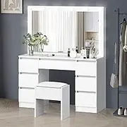 ALFORDSON White Dressing Table Stool Set with Mirror, Storage Drawers and Chair, Makeup Mirror Desk with 12 LED Bulbs Adjustable Brightness Levels, Dresser Vanity Table Organiser for Dressing Room