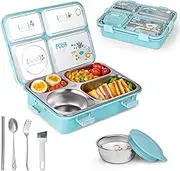 SAYAPE Stainless Steel Adult Lunch Box, 28.7oz 4-Compartment Cute Bento Box Kids Snack Containers with 5oz Soup/Condiment Cup, Food Storage Containers With Utensils and Small Cleaning Brush Set - Blue