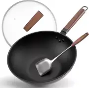 Carbon Steel Wok, 13" Wok Non Stick Wok Pan with Lid and Spatula, Woks & Stir...