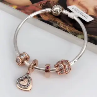 Pandora潘朵拉925純銀玫瑰金系列~雙色愛心吊墜-手鍊手環