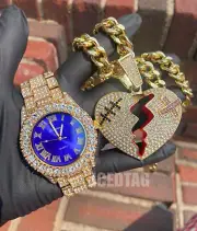 Gold Plated Royal Blue Dial Luxury Simulated Diamond Watch, Banded Broken Heart