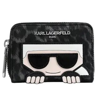 【KARL LAGERFELD 卡爾】老佛爺公仔豹紋信用卡多層風琴式零錢包(黑)