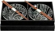 Omotenashi Sayanami Black Donburi Bowls & Chopsticks Set of 2 - Mino Ware Made in Japan