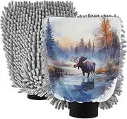 XYMZR Moose Foggy Forest Watercolor Absorbent Microfiber Car Wash Mitt, Funny Cute Anime Scratch Free for Cars Cleaning, Home Cleaning Mitts, 2 Pack, 10.24” L x 7.09” W