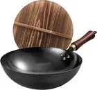 Carbon Steel Wok Pan, 13.5″Woks & Stir-Fry Pans with Wooden Lid Cookwares, Nonst