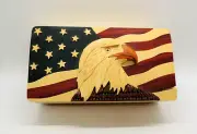 Carver Dan's Handcrafted Bald Eagle American Flag Wood Puzzle Box 3-D Design NEW