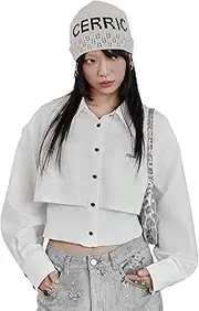 [ELFSACK] Womens Button-Down Shirts Knitted Stitching Hem with Pockets