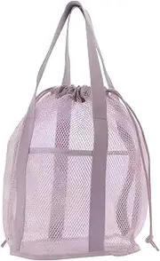 [Blogiiup] Kids Beach Bag Beach Tote Bag with Drawstring Foldable Beach Toy Bag with 2 Front Pockets Swim Pool Mesh Bags Drawstring for Toys, Towel, Flip Flops Light Purple, Beach Tote Bag