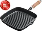 10" Cast Iron Grill Pan Nonstick Skillet Griddle Frying Pan with Wooden Handle