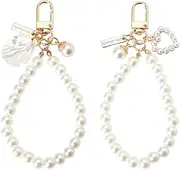 [YangQian] Beaded Wrist Strap Keychain Pearl Mobile Phone Lanyard Chain Cell Case Wristlet Pendant Bead Bracelet Key Chains for Women Car Keys 2Pcs Bag Accessories for Handbags