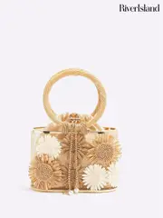 River Island Brown Raffia Flower Print Basket Bag (W32371) | $106