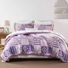 Boho Quilt Set King Size, Purple Plaid Patchwork Bedspread Bedding Set Soft M...