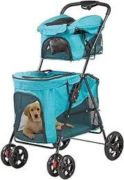 Double-Layer Pet Stroller Lightweight Folding Pet Stroller Dog Large Space Stroller Cage Four-Wheel Outdoor Travel Pet Stroller