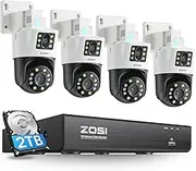 ZOSI 4K Dual-Lens PoE Security Camera System, 4 x 4K 8MP Pan/Tilt (2x4MP) PoE 360 Camera Outdoor, Person/Vehicle Detect, Spotlight Siren, Color Night Vision, 8CH 8MP NVR with 2TB HDD (16CH Expandable)