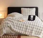 Luxury Faux Rabbit Fur Bubble Blanket Throw, 160x200cm Soft Cozy Fleece Blanket for Sofa Bed Couch, Plush Fuzzy Flannel Decorative Throw Blanket,White