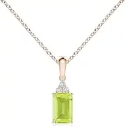 [Angara] Natural Emerald-Cut Peridot Pendant Necklace with Diamond Trio in Sterling Silver/14ct Solid Gold for Women | August Birthstone Jewellery for Her