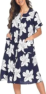 [Ekouaer] Sleepwear Womens Snap Front Nightgown Housecoat Cotton Duster Short Sleeve House Dress