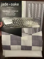 Jade + Oake 14pc Checkered Shower Curtain Set Gray New