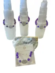 1pc Amethyst Crystal Beads with Flower of LIfe Charm Bracelet 8mm Healing