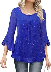 [Generic] Womens Sparkly Ruffle 3/4 Sleeve Elegant Shirts, Casual Elegant Loose Fit Mesh Layered Flowy Tunic Tops