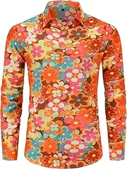 [ENXIX] Mens 70s Shirt Long Sleeve Button Down Retro Disco Costume Hippie Outfit for Men