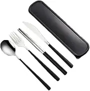 AIMALL 6pcs/Set Cutlery Set Stainless Steel Spoon Fork Knife Chopsticks Travel Box Bag, Durable 304 Food Grade, Mirror Polished Finish, for Outdoor & Daily Use