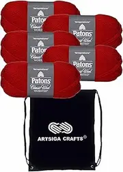 [Patons] Knitting Yarn Classic Wool Bright Red 5-Skein Factory Pack (Same Dye Lot) 244077-230 Bundle with 1 Artsiga Crafts Project Bag