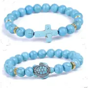 Set of 2, Cross & Sea Turtles Turquoise Natural Stone Bracelet, Elastic Stretch