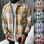 Men's Plaid Shirt Flannel Shirt Plaid Shirt Overshirt Long Sleeve Shirt Collar Outdoor Street Light Yellow Red Blue Green Print Button-Down Clothing Apparel Fa