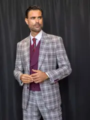NWT 46R MENS BURGUNDY 2 BUTTON 3PC COMPOSE SUIT DB VEST,MODERN FIT, 2 SIDE VENT