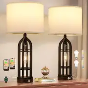 Table Lamp for Living Room Set of 2 - Bedside Lamp for Bedroom with USB C+A & Ou