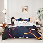 Manfei Video Games Duvet Cover Set Twin Size, Geometric Honeycomb Bedding Set 2pcs for Kids Boys Teens, Modern Gamer Gaming Comforter Cover Children Gamepad Quilt Cover with 1 Pillowcase,No Comforter