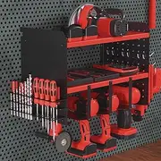 Premium 16-Inch Center Hole Power Tool Organizer - Gifts for Men Dad Husband Him Christmas, Stylish Wall Mount with Charging Station, Ideal for Cordless Tools, Heavy-Duty Metal Storage Shelf (Red)