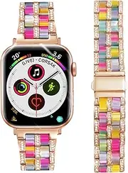 DEALELE Bands Compatible with iWatch 38mm 42mm 40mm 44mm, Luxury Resin Rhinestone Diamond Metal Steel Strap Replacement for Apple Watch Series 6/5 / 4/3 / SE Women Men