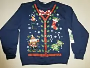 Jerzees Blue Xmas Holiday Party Ugly Sweater Fleece Screenprint Sweatshirt Men M