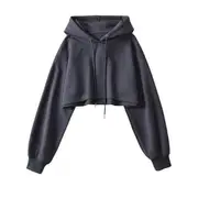 Drawstring Plain Crop Hoodie Gray - L