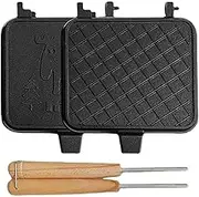 Double Sided Frying Pan,Removable Lightweight Sandwich Pan,Camping Sandwich Machine with Wooden Handle, Perfect Indoor Grill Kitchen for Breakfast