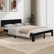 Bed Frame Queen Size Black, Solid Wood Platform with Headboard, Low Floor Base, Wooden Frames, Mattress Support, Cama, Pine, 153x203 cm