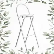 24in 26in 28in Collapsible Tall Stools Round Cushioned Bar Stool with Backrest and Footrest, Non-Slip Folding Stool Chair for Adults, No Assembly(White,65cm)