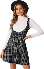 [Allegra K] Overall Pinafore Dress for Women's Button Decor U Neck Plaid Tweed Dress